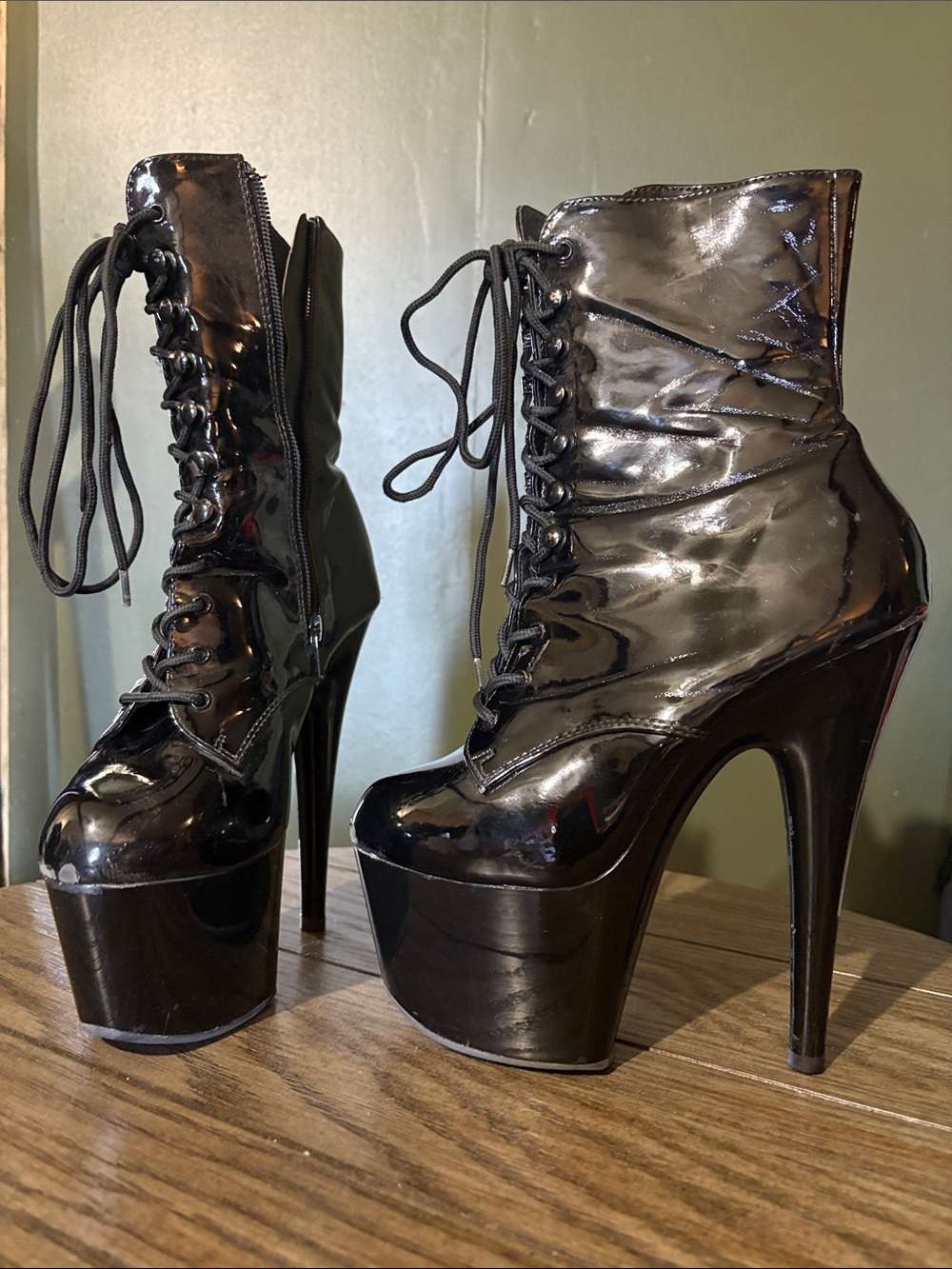 Pleaser Black Patent Lace-Up Platform Ankle Boots
